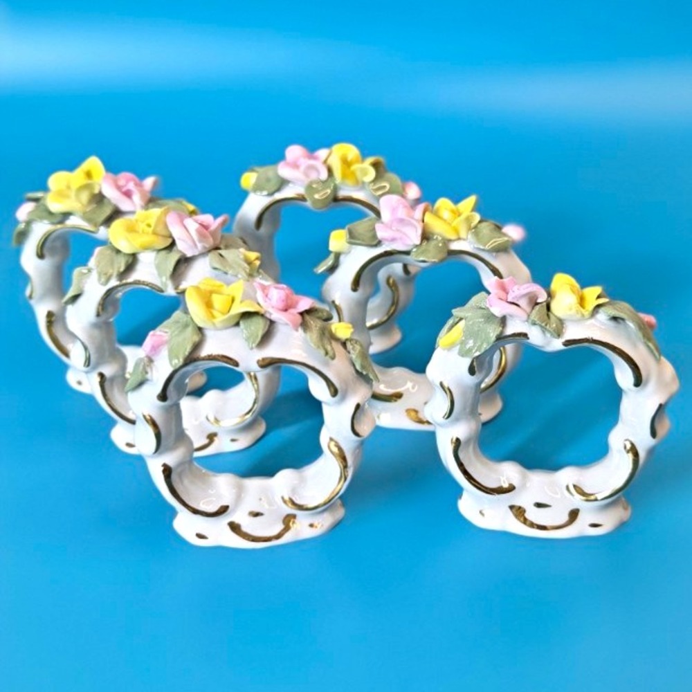 Vintage Set of 6 Capodimonte Hand Painted Porcelain Floral Napkin Ring Holders